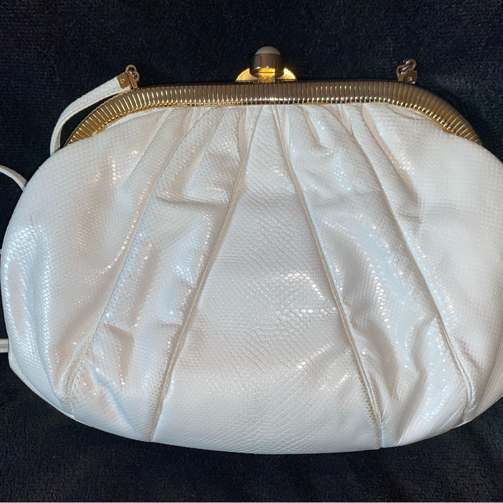 Judith Leiber Vintage white Leather Lion Clutch with 3” gold metal comb